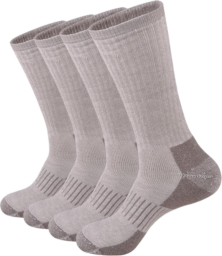 ECOEY Men's Merino Wool Cushioned Hiking Trekking Crew Socks 4 Pairs, Middle Calf Length with Moisture Wicking (10-13, Camel)