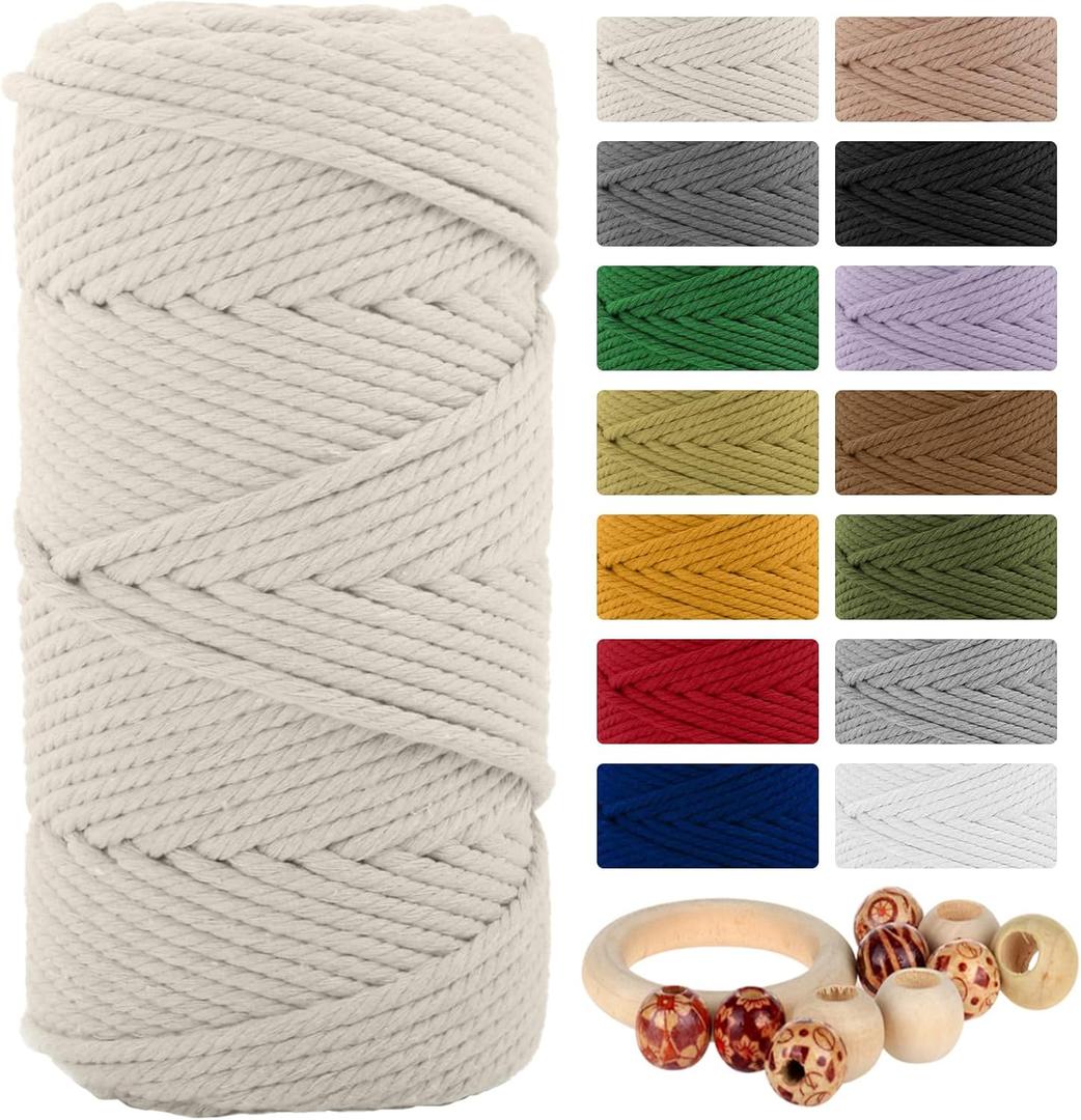 Macrame Cotton Cord 5mmx109 Yard 4 Strand, Munzong Natural Handmade 4 Twisted Cotton Rope for Wall Hanging Weaving Tapestry DIY Craft Knitting Plant Hanger Gift Wrapping Wedding Decor(100m, White)