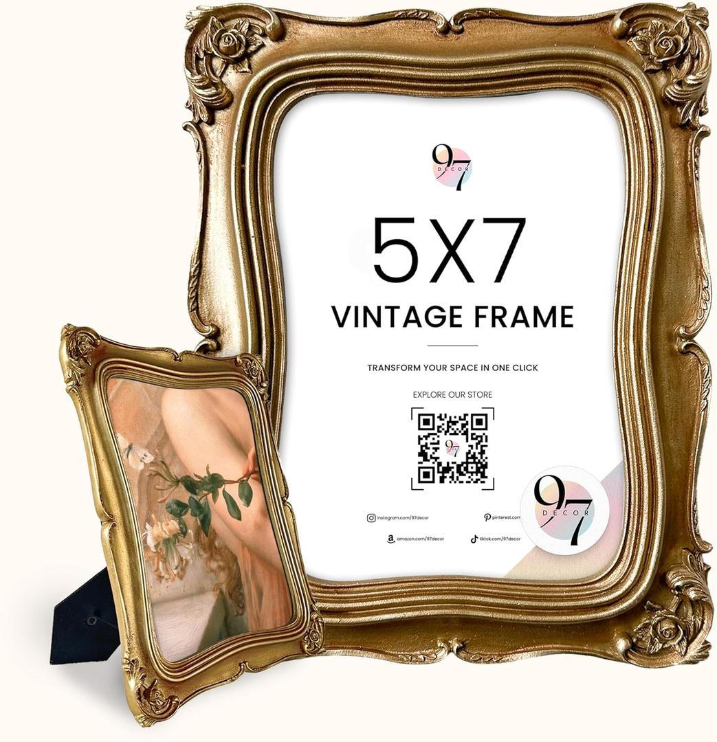 97 Decor Vintage Picture Frame 5x7 - Gold 5x7 Picture Frame, Elegant Antique Frames 5 x 7 With Glass Front, Fancy Ornate Frame 5x 7 For Photo Display Tabletop And Wall Mounting