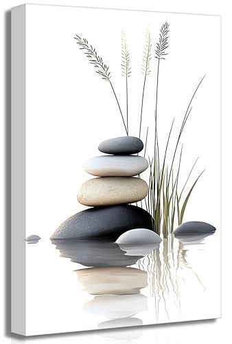 Zen Stone Canvas Wall Art Stacked Stones in Water with Grasses Painting Picture Wall Decor Poster Print Suitable for Yoga Meditation Room Bathroom Bedroom Study Home Decoration