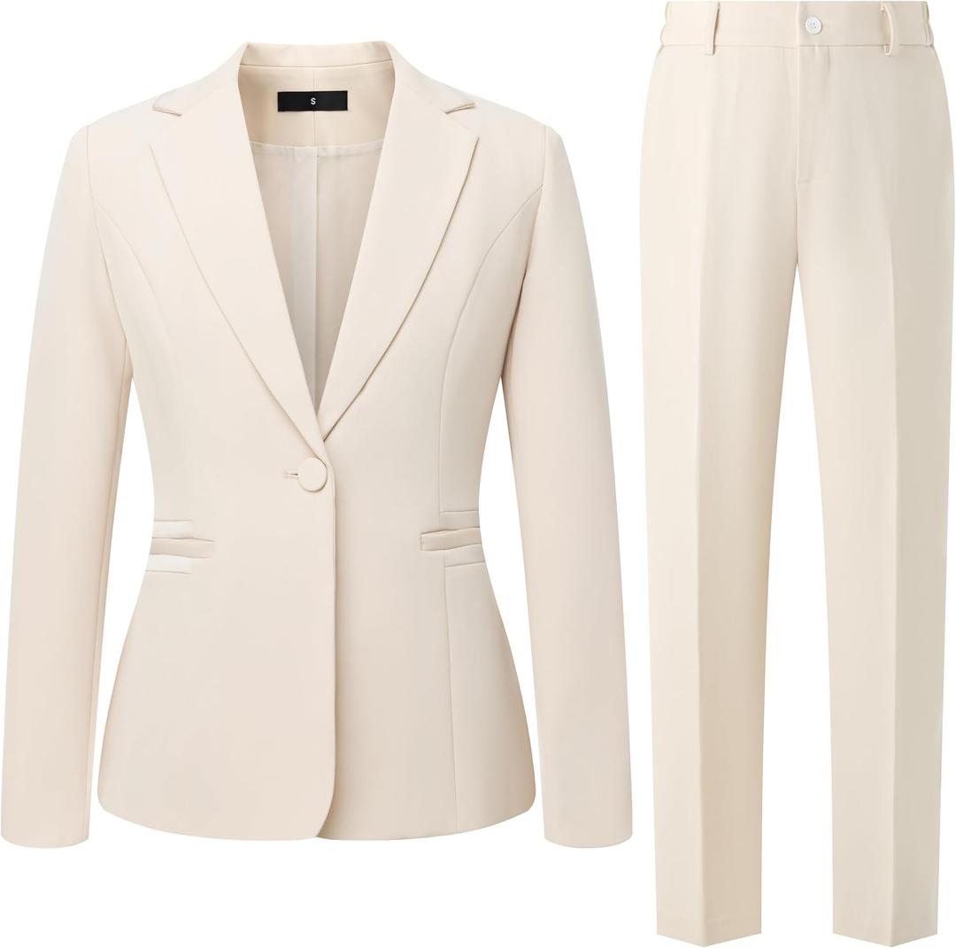 Women's 2 Piece Suit One Button Dressy Blazer Pants Suit Set Business Casual Outfits, Beige, Large