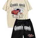 GORGLITTER Men's 2 Piece Outfits Bear Letter Print Graphic Tee and Drawstring Waist Track Shorts Set Khaki and Black, Small