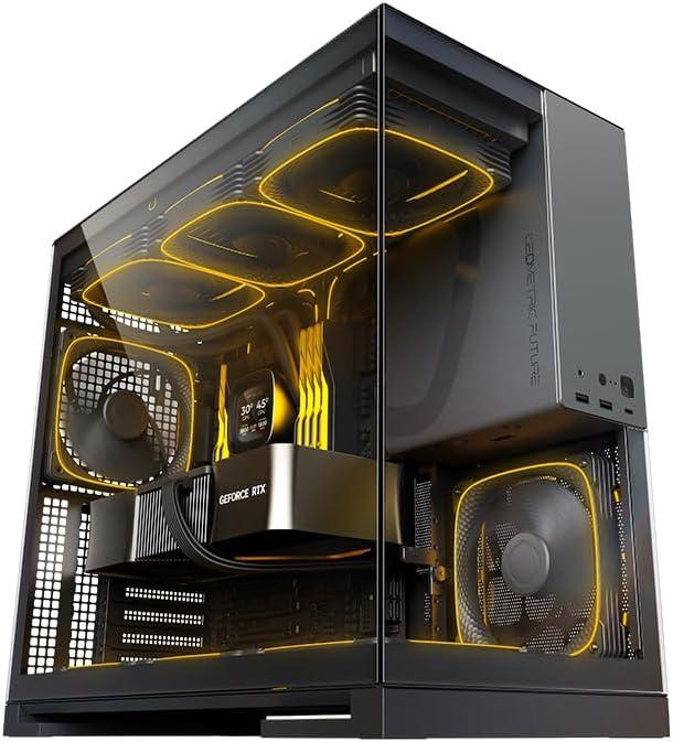 Geometric Future M5 Tempered Glass Mid Tower, E-ATX/ATX Gaming Case, 1.2mm Steel, Type C, Toolless Panels, Support 420/360 Radiator, ARGB PWM 140m Fan x 5 Pre-Installed, Black/Grey, GEO-M5F-BG