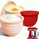 Silicone Bowl Insert for Kitchen Aid 5 Qt Tilt-Head - Patented Design Bowl Liner, 3pack with Lids, Resistant to collapse Thicker Bowl Insert, Foldable, Heat/Cold Resistant (Red/Beige/Pink)