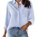 Aoudery Womens Button Down Shirts Cotton Striped Dress Shirts Long Sleeve Button Up Collared Office Work Blouses Tops-Blue and White L