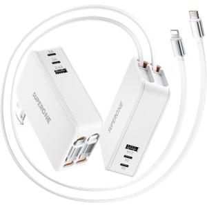 SUPERONE 119W Retractable Wall Charger with Dual Cables, 5-Port USB C Charger Block, Compact Foldable Power Adapter, 65W Fast Charging for MacBook Pro/Air, Dell XPS, ThinkPad, ZenBook, iPhone, iPad