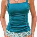 CUPSHE Women's Tankini Sets Square Neck Two Piece Bathing Suit Ribbed (Blue, L)