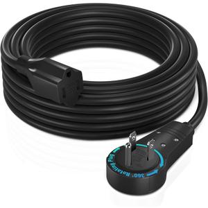 Maximm Cable 15 Feet 360 Rotating Flat Plug Extension Cord/Wire, 3 Prong Grounded Wire 16 Awg Power Cord - Black UL Certified