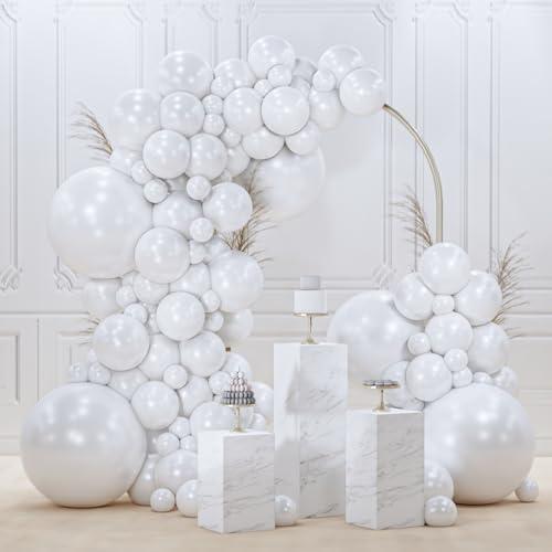 PartyWoo Pearl White Balloons 140pcs Different Sizes Pack of 18 12 10 5 Inch Metallic White Latex Balloon Arch Kit Garland for Wedding Graduation Baby Shower Birthday Party Decorations White-Z30+Green+Blue