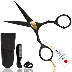 Ontaki Japanese Steel Beard & Hair Trimming Scissors - 5.5 In, Black - Finger Rest & Tension Knob for Hair & Mustache Scissors - Alloy Steel For Mustache Kit