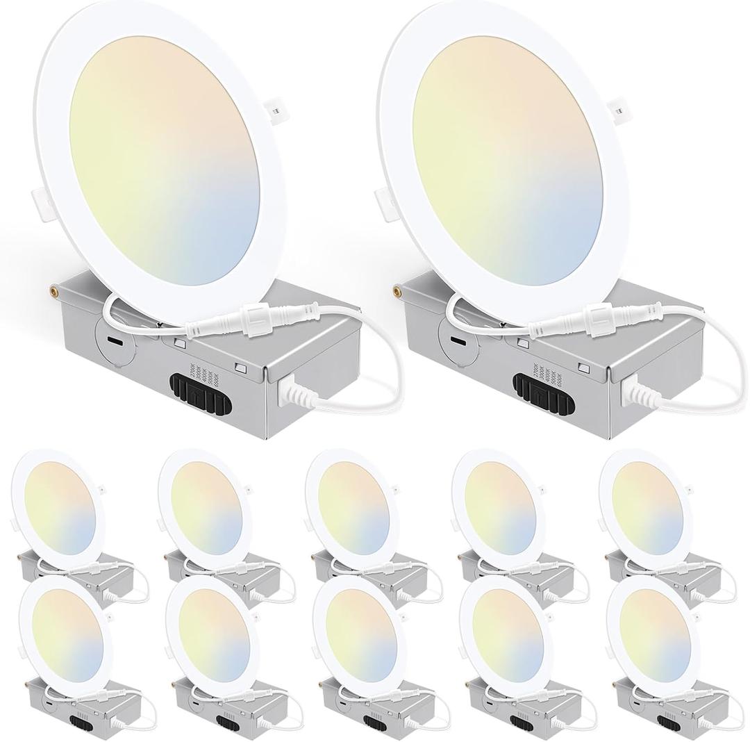 Energetic 12 Pack 6 Inch 5CCT Ultra-Thin LED Recessed Ceiling Light with Junction Box, 2700K/3000K/4000K/5000K/6500K Selectable, 12W 120W Eqv, 900LM, Dimmable Canless Wafer Downlight, IC Rated, ETL