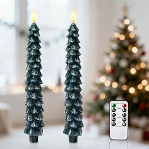 Christmas Decorations Indoor, Christmas Decor - Christmas Tree Taper Flameless Candles Battery Operated with Remote Timer, Xmas Candlesticks Home Table Mantel Room Decor, Wax, Set of 2(Green&White)