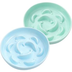 Cat Slow Feeder Bowl Set - 2 Pcs Ceramic Cat Food Plates for Slow Eating - Double Cat Dish for Dry Wet Food - Slow Feeding Cat Bowls Whisker Friendly - Microwave and Dishwasher Safe - Blue and Green