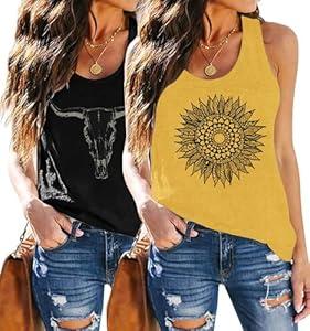 Womens Cow Mandala Racerback Tank Tops 2 Pack Sunflower Graphic Tanks Summer Sleeveless Tops Casual Fashion Clothes (Black+Yellow, S)