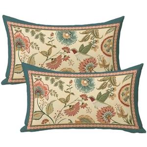 Fjfz Vintage Flower Birds Lumbar Decorative Throw Pillow Covers 12 x 20 Set of 2, Rectangular Elegant Floral Hummingbird Outdoor Home Decor, Farmhouse Wildflower Couch Cushion Case