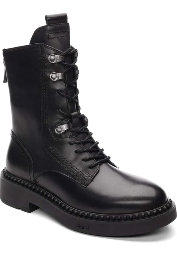 ASH Women's Marlow Black Leather Motorcycle Boots, Round Toe, Speed Lacing, Inside Zipper, Studded Trim Ankle size 7
