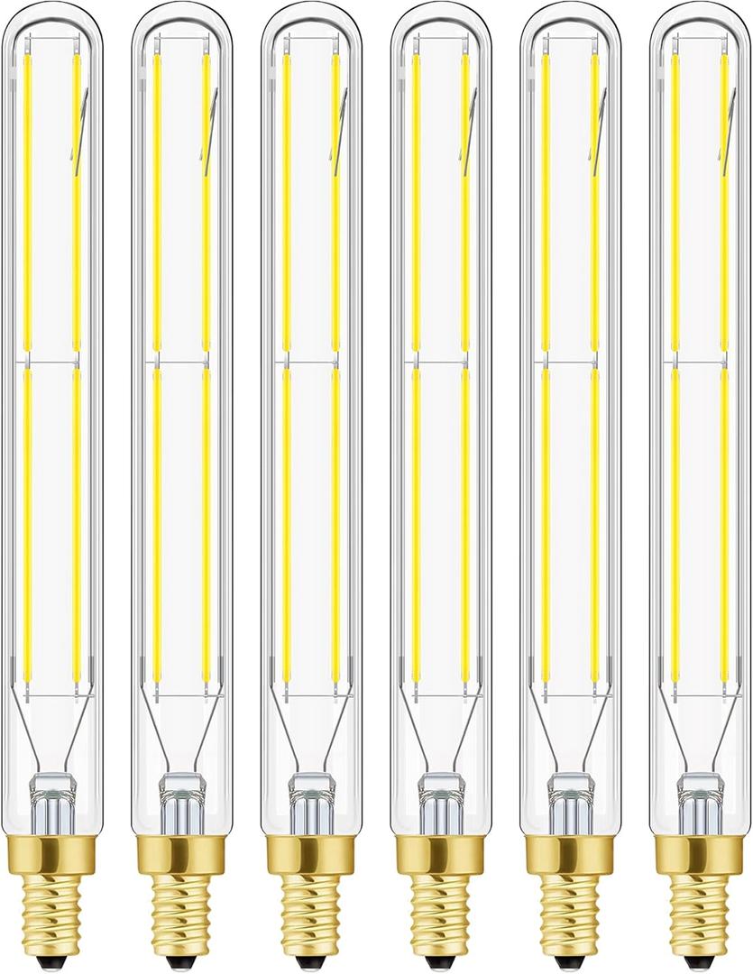E12 Led Long Bulb, 6W T6 Edison Light Bulbs Cool White 5000K,7.3 inch,750lm, 75W Candelabra Incandescent Bulbs Equivalent Vintage LED Filament Edison Candle Bulb with Decorative, 6Pack