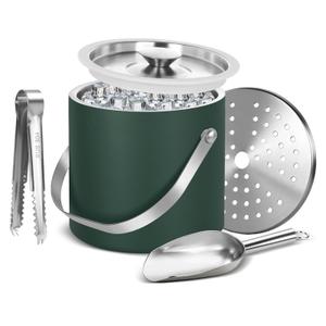 Ice Bucket, Ice Bucket with Silicone Sealing Ring Double-Wall Vacuum Insulation Champagne Buckets with Filter Layer Ice Tongs Ice Scoop (Grey Green, 3 L)