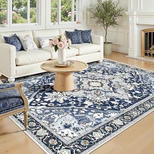 5x7 Blue Boho Area Rug Washable Non-Slip - Low Pile Farmhouse Living Room Bedroom Rug - Machine Washable Medium Indoor Carpet with TPE Backing, Vintage Easy Clean, Navy Blue Multi