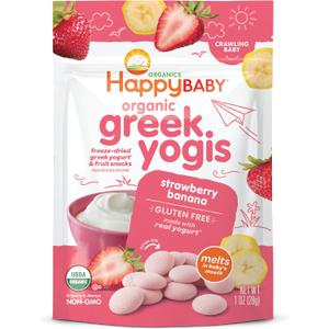 Happy Baby Organics Baby Snacks, Greek Yogis, Freeze Dried Yogurt & Fruit Snacks, Gluten Free Snack for Babies 9+ Months, Strawberry & Banana, 1 Ounce
