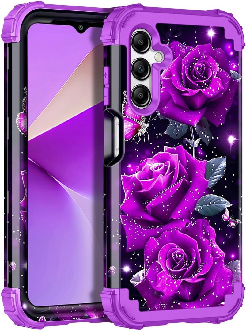 Miqala for Galaxy A16 5G Case,Glow in The Dark Three Layer Heavy Duty Shockproof Full Protection Hard Plastic Bumper+Soft Silicone Protective Case for Samsung Galaxy A16 5G 6.7 inch, Deep Purple Rose