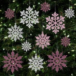 36pcs Pink Silver Christmas Snowflake Ornaments, Plastic Glitter Hanging Snow Flakes for Christmas Tree Decorations Winter Wonderland Frozen Birthday Party Home Decor Craft Snowflakes