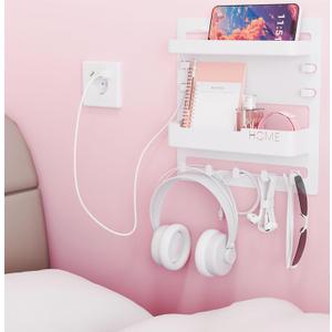 Yieach Bedside Wall Organizer for Dorm Bed,Rv,Small Room and Nightstand,Wall Mounted Floating Shelves and Bedside Shelf for Remote,Phone Holder,Charging Shelf,Cute Bedroom Decor for College Girl,White