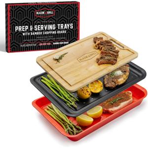 BLAZIN' GRILL Prep and Serving Trays | Set of 3 Stackable, Melamine Trays with Bamboo Cutting Board | Trays for Marinating, Serving & Chopping | Serving Platter for Plating Food & BBQ Prep Tub |