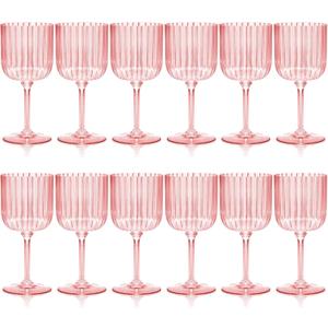 12 Pack Plastic Ribbed Glasses With Stem 11 oz Goblet Detachable Glass Disposable Champagne Cups Vintage Style for Wedding Anniversary Birthday Dinner Parties (Pink)