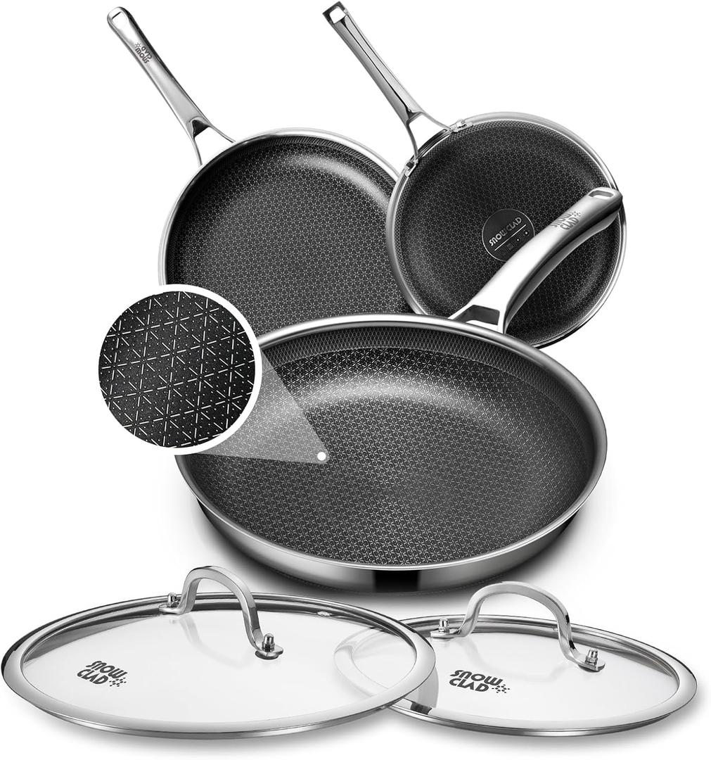 Non Stick Frying Pans Set with 2 Lid, Hybrid Skillet Set Nonstick (8+10+12inch), Pans for cooking, PFOA Free Stainless Steel Kitchen set,Oven-Safe Cookware Sets