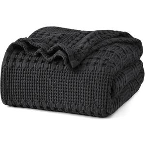 PHF 100% Cotton Waffle Weave Blanket Queen Size, Soft Lightweight Breathable Cozy Summer Blankets for Bed, Luxury Aesthetic Woven Bedding for Home Decor, 90"x90", Black (Queen(90"x90"))