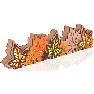 Lighted Fall Maple Leaves Signs Table Centerpieces Thanksgiving Wooden Block Sign Decorations 3D Wood Autumn Harvest Farmhouse Decor with Led Lights for Home Desk Office Party (Fall Leaves)