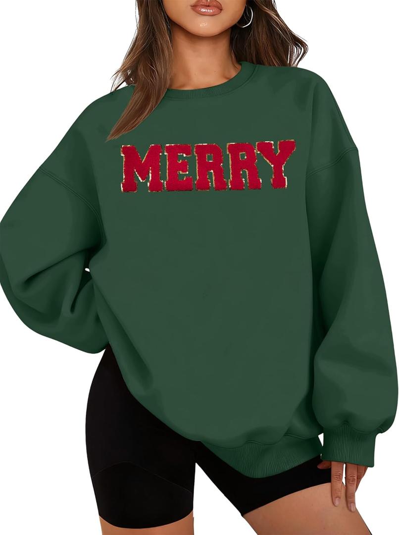 FASHGL Christmas Sequins Sweatshirts Women Merry Glitter Patch Crewneck Sweater Xmas Long Sleeve Pullover Top (Green, S)
