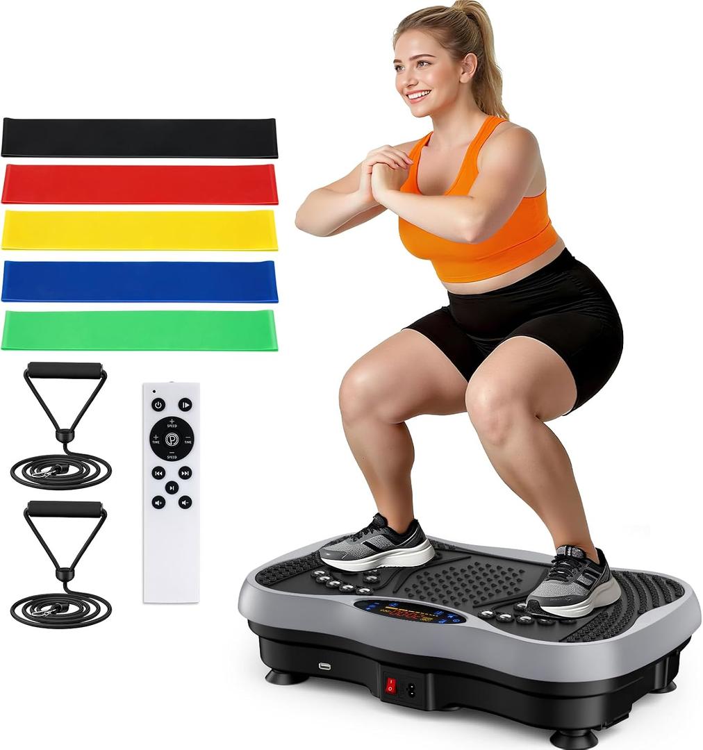 Vibration Plate Exercise Machine, 130 Levels Full Body Workout Vibrating Plate for Lymphatic Drainage Weight Loss, 450 Lbs Capacity Shake Platform with Resistance Bands Bluetooth for Women Men