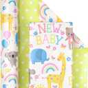 WRAPAHOLIC 30 Inch Reversible Baby Shower Wrapping Paper - 30 Inch x 33 Feet - Animals & New Baby Design for Neutral Baby Shower, Boys Girls Kids Birthday