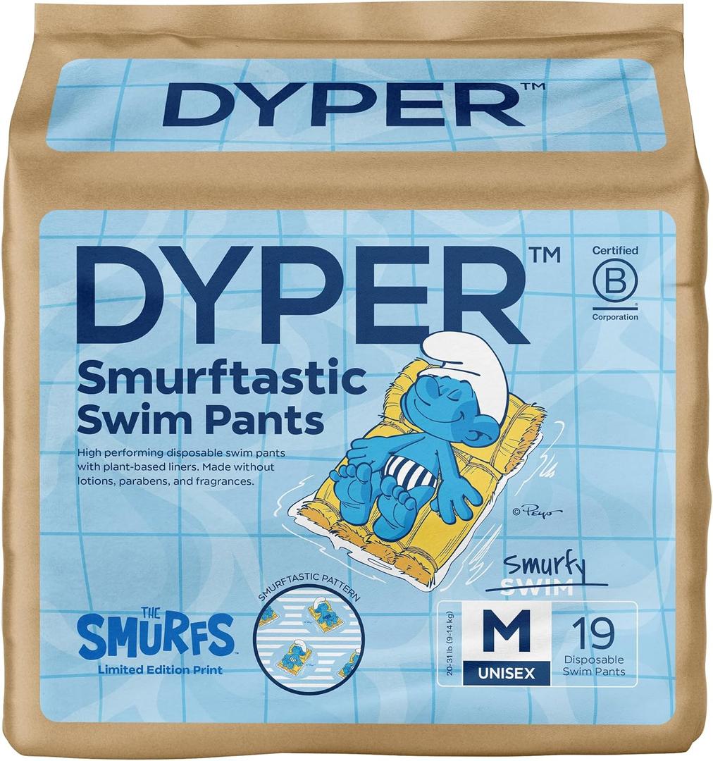 DYPER Smurftastic Baby Swim Diapers, Hypoallergenic Plant-Based Disposable Swim Diapers | Eco-Friendly & Absorbent Swimming Diapers for Babies, Size M (19 Count)