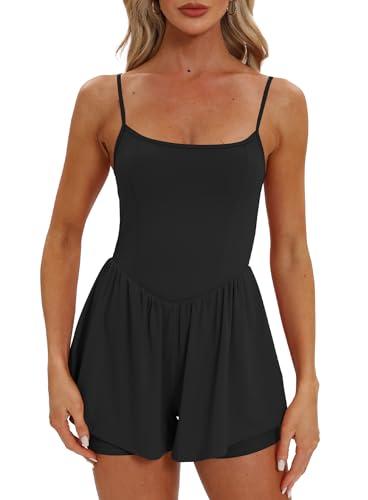 Beaully Women's Summer One Piece Sleeveless Rompers Spaghetti Strap Double Lined Shorts Overalls Jumpsuit 6110 Black M