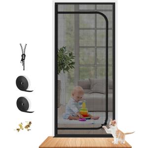 Upgraded Reinforced Pet Screen Door Thickened Cat Resistant Mesh Screen Door for Living Room, Bedroom, Patio, Dog Cat Scratch Proof Screen with Zipper Closure (Fits Door Size up to 34''x 82'', Black)