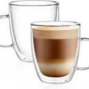 CNGLASS Double Wall Glass Coffee Mugs 12 oz,Insulated Glass Coffee Cups with Handle,Clear Espresso Mugs for Cappuccino,Latte,Tea Bags,Hot and Cold Beverages,Set of 2