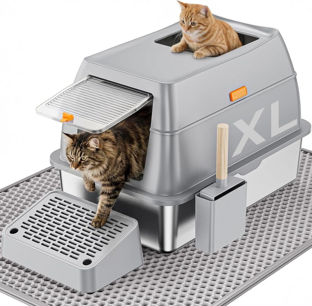 Stainless Steel Cat Litter Box with Scoop, Metal Litter Box High Sided, Cat Litter Box Enclosure, XL Extra Large High-Sided Litter Boxs (Anti-Urine Leakage, Include Scoop) (Grey)