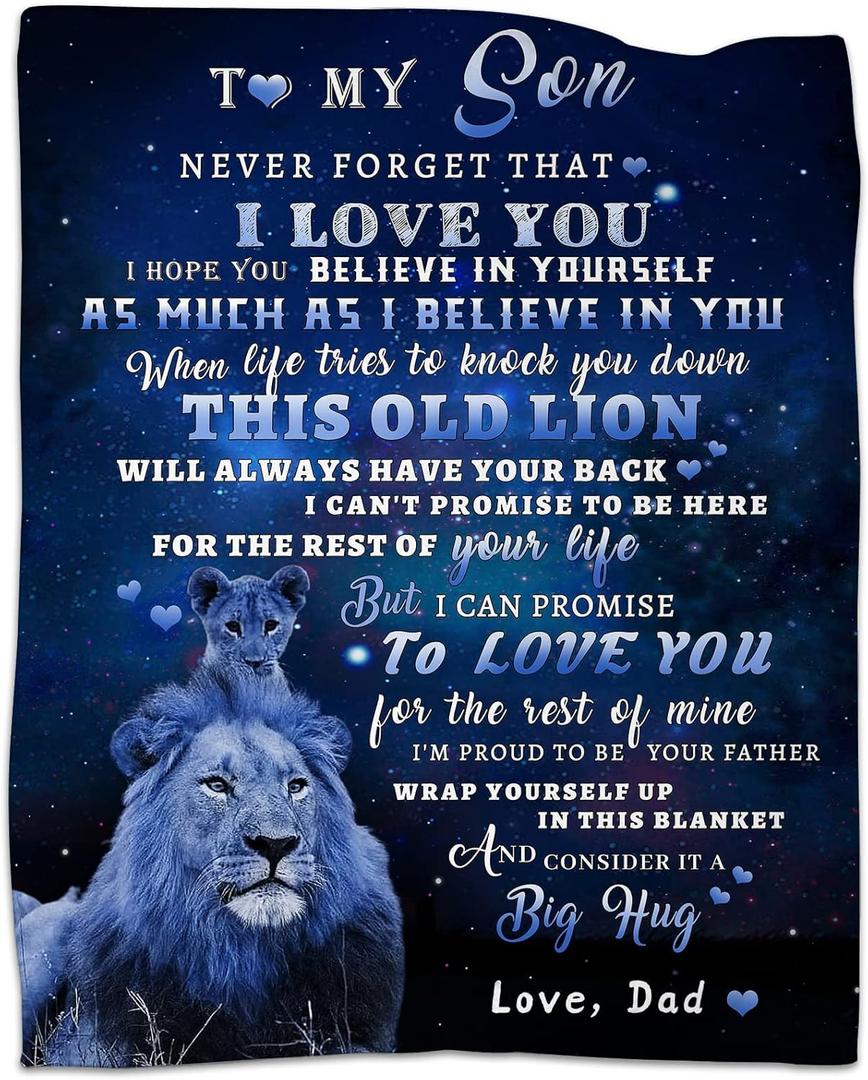 tgruihm to My Son Blanket from Dad, Blue Lion Blanket for My Sons, Son Gifts from Dad, Christmas Father to Sons Birthday Gifts Super Soft Cozy Flannel Blankets for Bed Sofa Decor 50"x60"