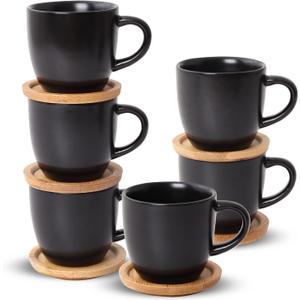 Hasense 4 OZ Espresso Cups and Saucers Set of 6, Demitasse Cups with Handle for Latte, Cappuccino, Cafe Mocha and Tea, Porcelain Coffee Cups for Coffee Bar and Party, Black (4 oz, Black)
