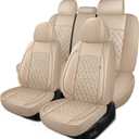HChengkikz Car Seat Covers Full Set, Breathable and Waterproof Napa Leather Car Seat Cover, Interior Universal Fit for Cars, Sedans, SUVs, Vans, Trucks (Full Seat, Beige)