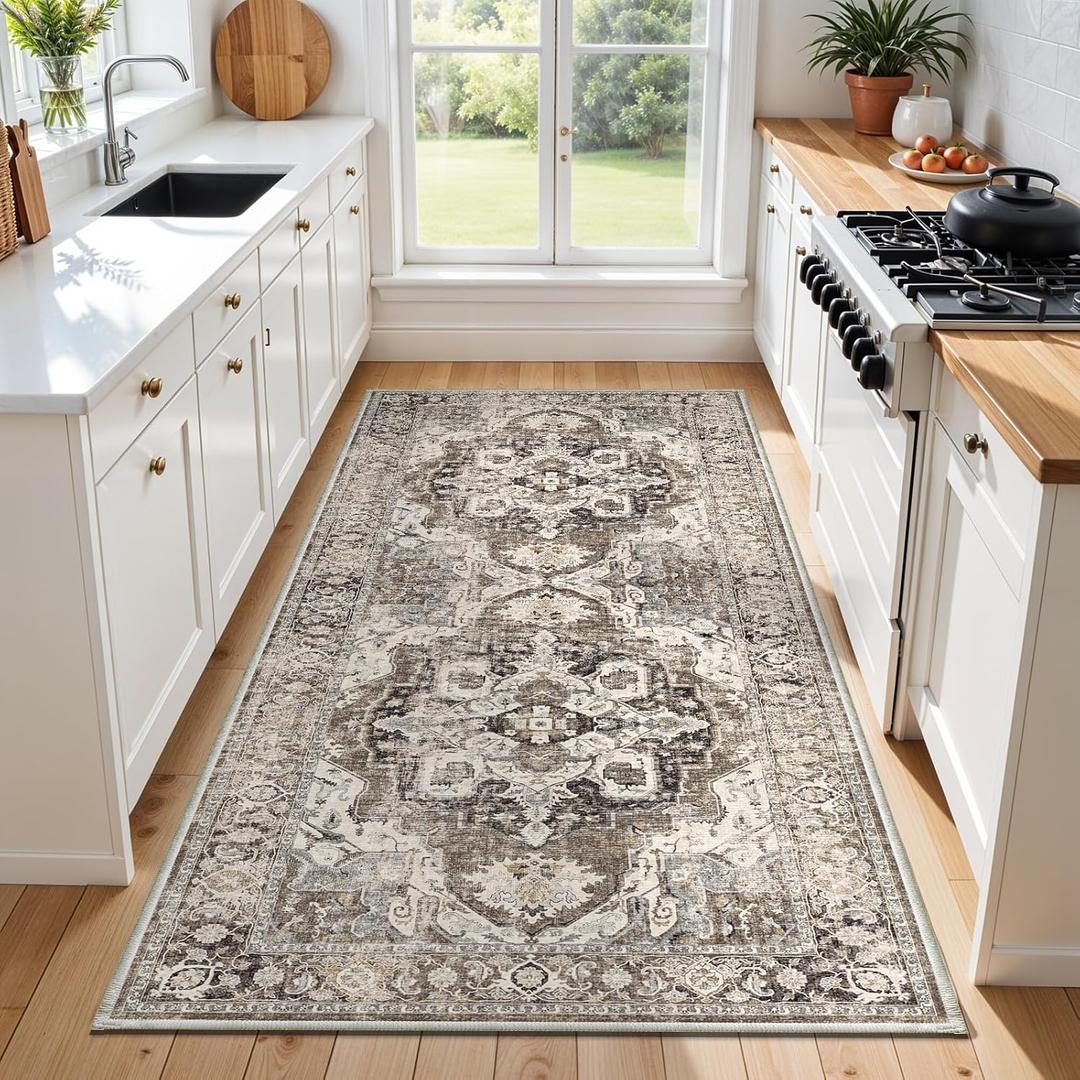 YOUFORTONG 3x6 Washable Kitchen Runner: Soft Hallway Runners Non-Slip Floor Mat with Rubber Backing for Bedroom Entryway Indoor Vintage Carpet Runner (Beige/Brown/Grey, 3x6)