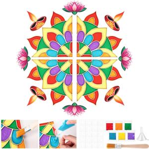 16 Wooden Rangoli Board Quartered Wooden DIY Reusable Floral Templates Mats with Traditional Indian Patterns Stickers Rangoli Stencils with Colorful Sand for Indian Diwali Decorative Plates