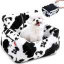 BurgeonNest Dog Car Seat for Small Dogs, Detachable and Washable Cat Carseats Under 25 lbs, Soft Pet Booster Seats with Storage Pockets and Clip-On Leash Portable Car Travel Carrier Bed, Milk Cow
