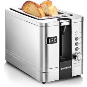 Chefman 2-Slice Digital Toaster, Pop-Up, Stainless Steel, Extra-Wide Slots For Bagels, Defrost, Reheat, Cancel Functions, Removable Crumb Tray