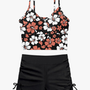 Girls Swimsuit V-neck Floral Print Tankini Solid Color Shorts Swimsuits for Teen Girls 2Pcs Set Bathing Suits For Girls, Size 15-16 Years