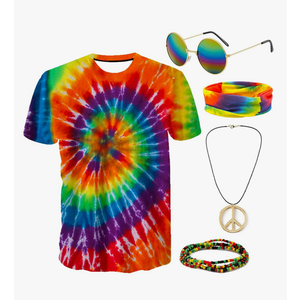 Gionforsy Hippie Costume Outfit for Men Women 60s 70s Costume Accessories T-shirt Peace Necklace for Halloween Costume Party