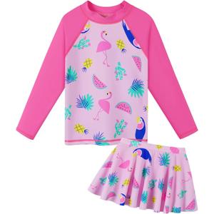 BAOHULU Girl's Two-Piece Long Sleeve Swimsuits UPF50+ Rash Guard Kids Bathing Suit (Pinkbird)